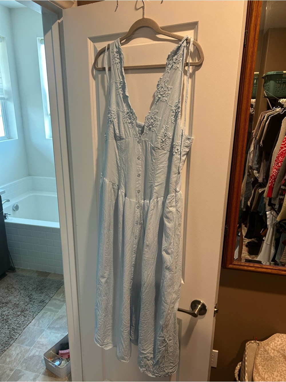 wild fable Light Blue Embroidered Button-Front Midi Dress